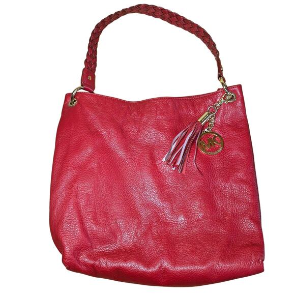 Michael Kors Cherry Red Pebbled Hobo Bag Braided strap Handle Gold Hardware - Picture 1 of 8